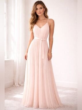 Elegant Blush Pink Pleated Maxi Dress with Belt